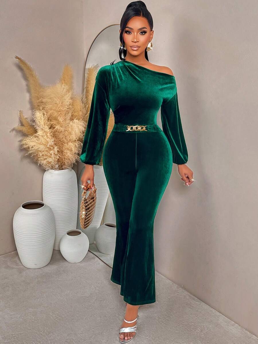 AIJ Salopetă Amarilo verde închis, cu mânecă lungă, talie încrețită, cataramă metalică, pantaloni evazați, din catifea, casual elegantă, potrivită pentru Crăciun, Anul Nou și toamna/iarna, ținute de primăvară - imagine 4