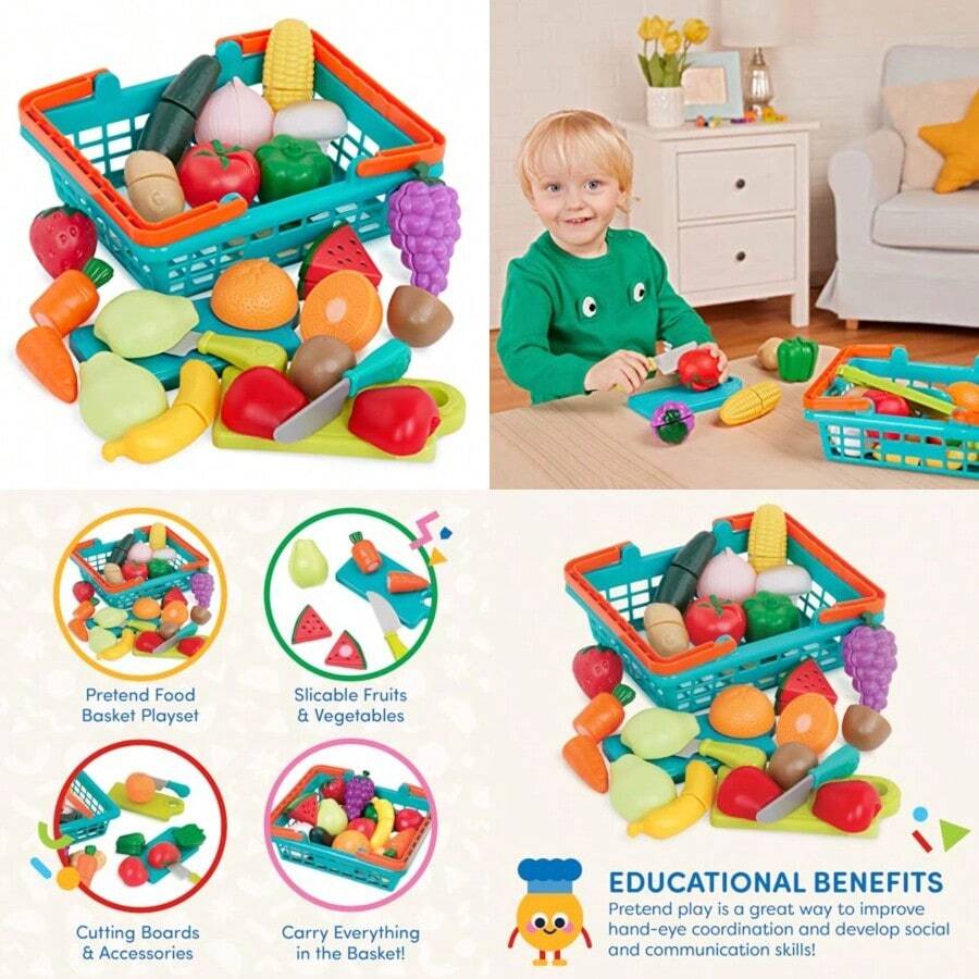 Battat Play Food For Toddlers With Farmers Market Basket And Chopping Board Toy Food For Kitchen And Pretend Play For 3+ Years 37 PiecesChildren's Joyful Games, Essential Toys For Children - Multicolor - View 1