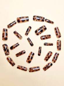 24片复古豹纹中长款美甲贴片，适合女孩和女士在秋冬季日常佩戴，包含果冻胶和指甲锉。 - 彩色 - 查看 3