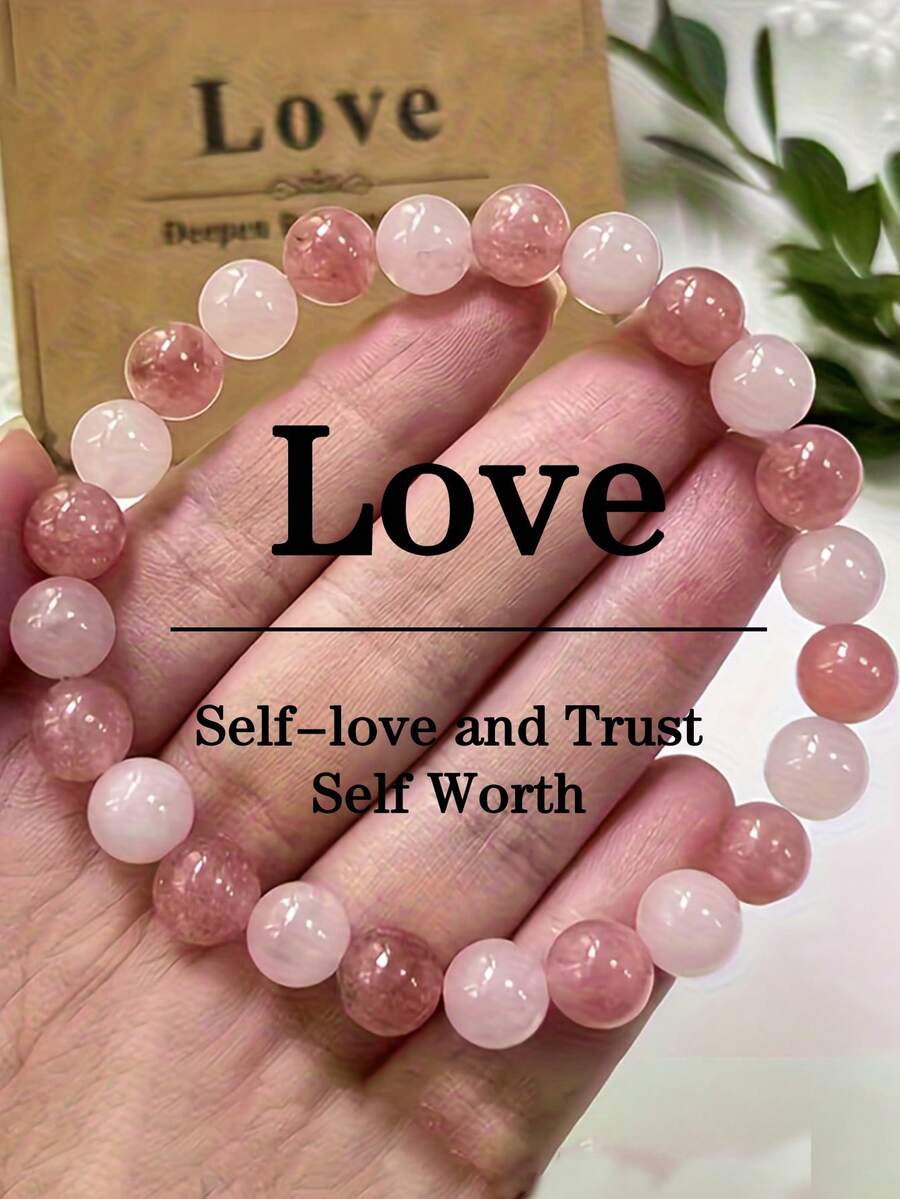 【脉轮平衡手链】天然玫瑰草莓石英波西米亚风爱心手链 - 女士及男女皆宜，平衡冥想节日饰品，全年佩戴 - 粉色 - 查看 1