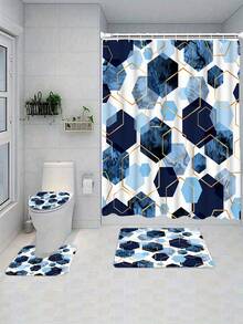4pcs Blue Bathroom Set, Geometric Pattern Shower Curtain Set, Modern Art Style Shower Curtain With 12 Hooks, Bathroom Rug, Bathroom Non-Slip Mat And Toilet Mat - A - View 8