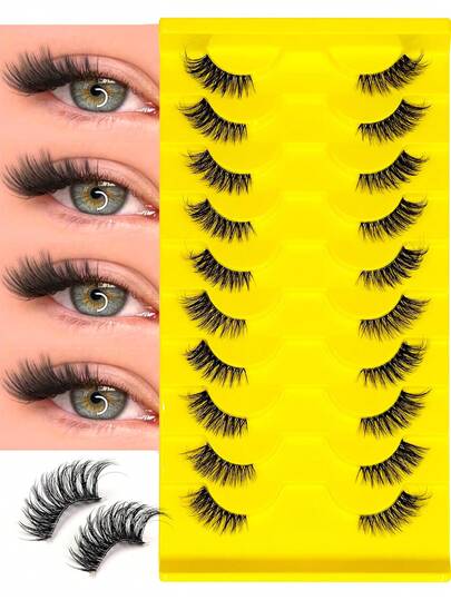 Asiteo 10 Pairs Eid Festival False Eyelashes, Natural Half Eye Lashes, Fox Cat Eye Clear Band Lashes, Fluffy Wispy 3D Faux Mink Lashes Pack, Soft Strips Fake Eyelashes - Suitable For Role Playing, Daily And Date Makeup