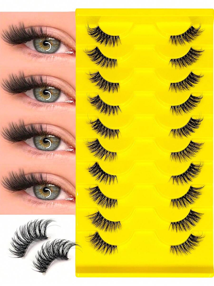 Asiteo 10 Pairs Eid Festival False Eyelashes, Natural Half Eye Lashes, Fox Cat Eye Clear Band Lashes, Fluffy Wispy 3D Faux Mink Lashes Pack, Soft Strips Fake Eyelashes - Suitable For Role Playing, Daily And Date Makeup - Half Eyelashes - View 1