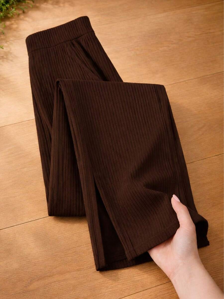 Women's High-Waisted Brown Wide-Leg Pants With Side Slit And Ribbed Pockets - Casual Style - Night/Daily Wear - 咖啡棕 - 查看 1