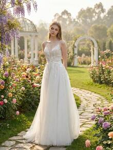 YOUKEFEIER Spaghetti Strap Deep V Lace Embroidery Sexy Long Wedding Dress - Beige - View 2