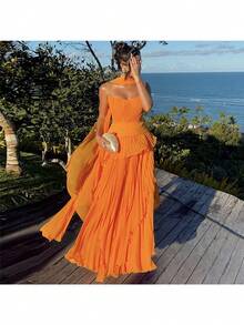Autumn New Fashion Temperament Elegant Tube Top High Waist Pleated Streamer Dress - trái cam - Xem 3