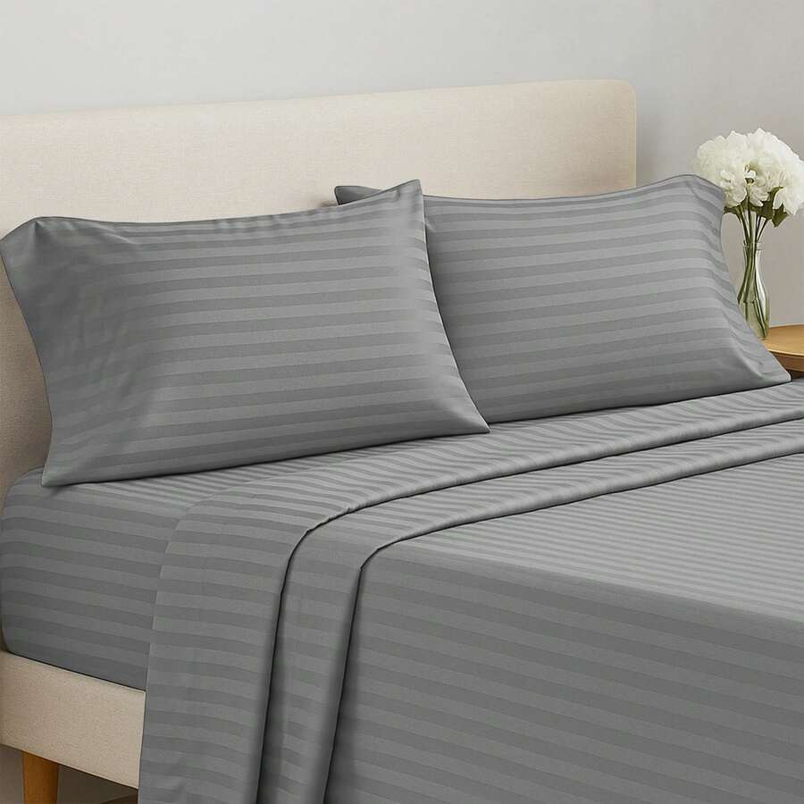 Lux Decor 4 Pc Stripe Bed Sheets High GSM Brushed Microfiber Sheets - Elevate Your Sleep Experience With Deep Pocket Bedding Sheets & Pillowcases-Graduation Gifts, Home Decor, Back-To-School Gift, Valentine's Day Bedroom, Spring Bedding Refresh, Guest Room Essentials, Dorm Room Bedding, Premium Bed Linens, Easy Care Sheets, Hypoallergenic Fabric, Year-Round Comfort, Master Bedroom Update, Matching Bedding Set, Hotel Quality Linens, Everyday Use, Classic Look, Home Basic - 深灰色 - 查看 1