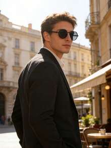 Men's Metal Round Wood Grain Effect Frame Fashion Glasses - Black - View 6