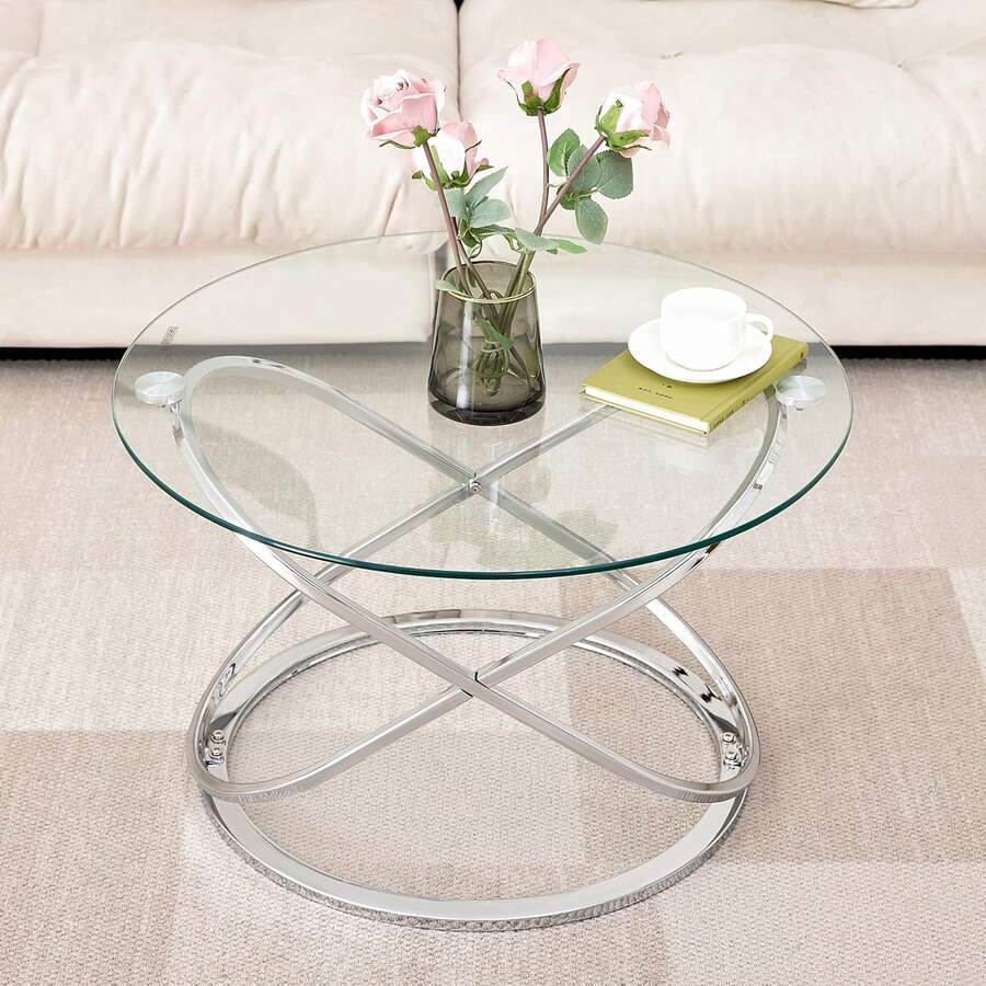 Mesa de centro redonda moderna de vidrio – tapa de vidrio templado de 26.7 pulgadas y base de pierna cruzada de color plateado chapado en cromo de lujo – Elegante mesa decorativa para sala de estar - 1 - Ver 1