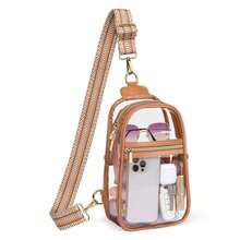Stadium Approved Clear Sling Bag - Adjustable Crossbody Purse For Concerts & Games (PVC Leather) - 棕色+1.5吋棕幾何條紋(001BAB) - 查看 9