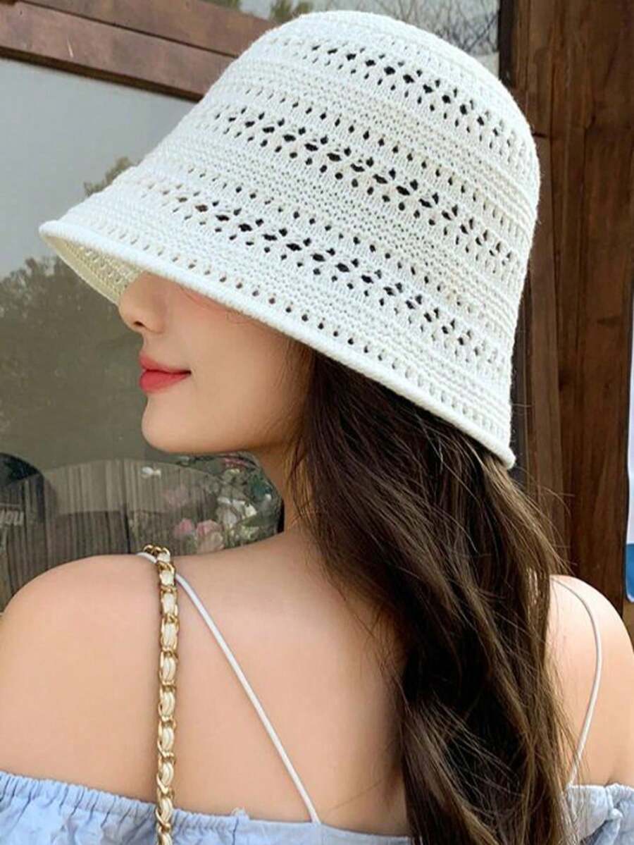 1顶夏季时尚镂空针织渔夫帽，女士户外小宽檐针织帽，休闲百搭遮阳帽 - A - 查看 1