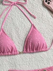 Sultry Sol Bộ bikini 3 món thanh lịch, giản dị, gợi cảm phong cách Bohemian với chất liệu lưới phối hợp, viền satin, trang trí hình bướm kim loại, kiểu áo yếm, thích hợp cho đi biển, hẹn hò, kỳ nghỉ hè. - Màu Hồng Tươi - Xem 8