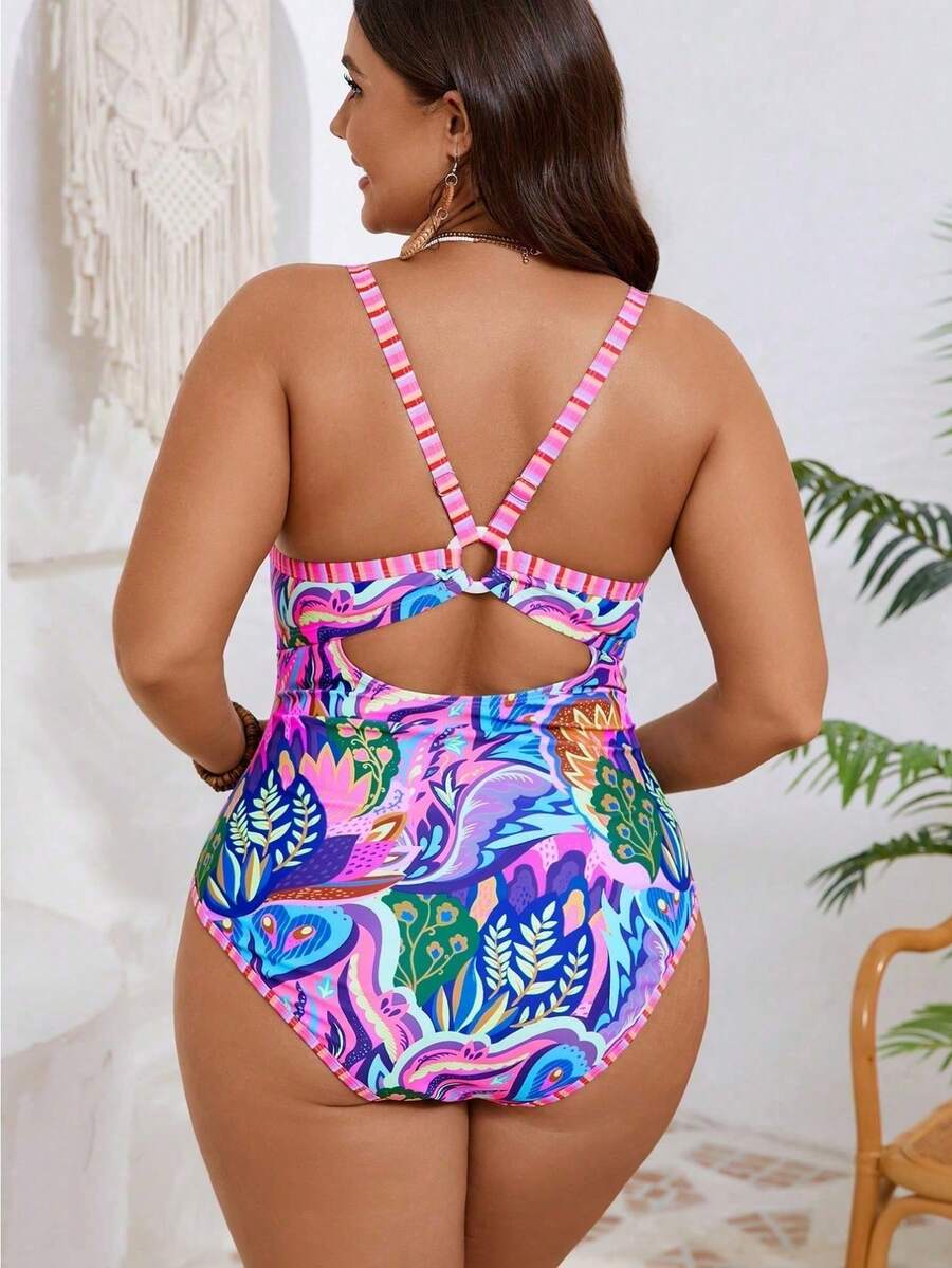 Ladies' Colorful Large-Size Bandeau One-Piece Swimsuit, With A Slim-Fit Design That Effectively Conceals Fat And Makes The Figure Look Slimmer. A Sexy And Slimming Ladies' Swimsuit, A Must-Have Item For Christmas Beach And Seaside Outings. - 花色 - 查看 1