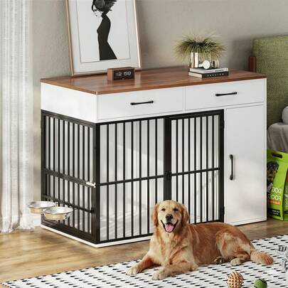 Dog Crate Furniture, Large Wooden Dog Crate With Drawers, Side Cabinet & 360°Rotating Bowls, Indoor Heavy Duty Dog Kennel With Double Doors, End Table Style, 120x60x86cm