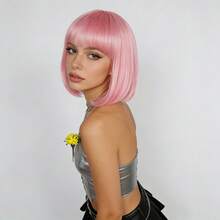 Kawaii Pink Bob Wig With Bangs Sleek Straight Synthetic Wig Y2K Style For Daily Wear Party Cosplay - Baby Pink - View 3