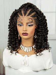 优雅杰瑞卷辫子波波头假发，女士款 - 13x6蕾丝前额，轻盈合成纤维，手工盒式辫子，带婴儿发 - 黑色 - 查看 5