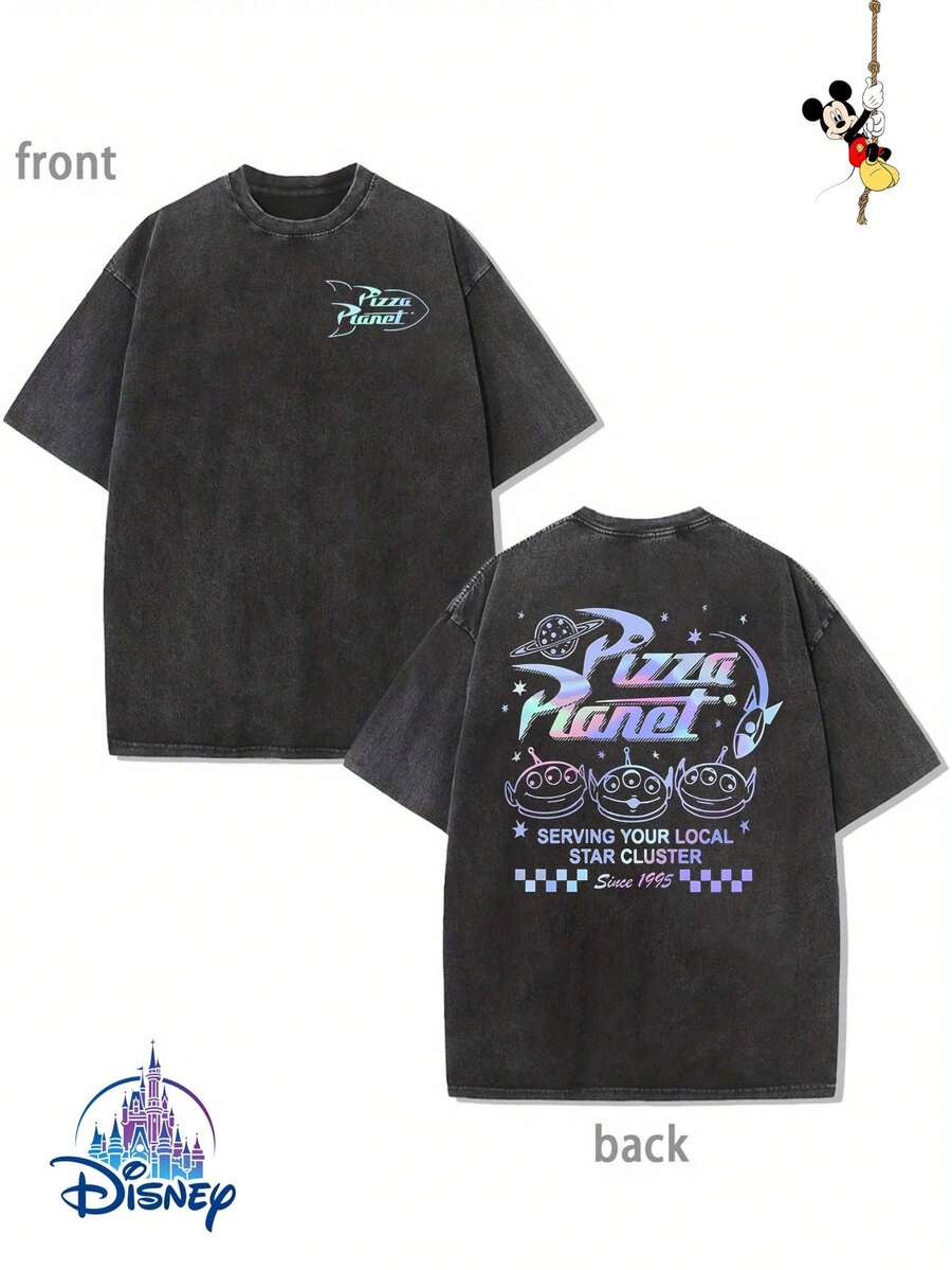 1 New Disney Cotton Washed T-Shirt, Disney Toy Story Pizza Planet Laser Gradual Printing, Round Neck Leisure And Comfortable Cotton Washed T-Shirt, Suitable For Sports And Daily Wear, A Good Choice For Gifts, A Must For Parties, High-Quality Clothing, Suitable For Gifts. - màu đen - Xem 1