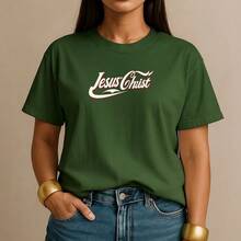 Women's T-Shirt 100% Cotton Jesus Christ Casual Christian Shirt Retro Style For Everyday Fashion - 墨綠色 - 查看 1