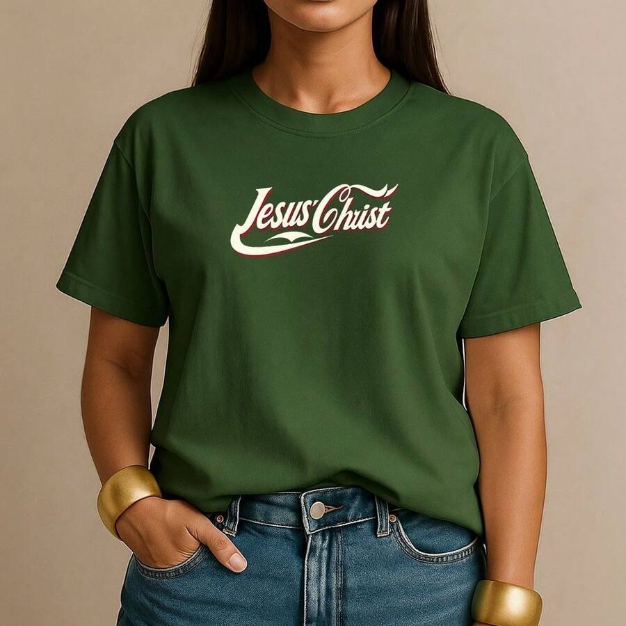 Women's T-Shirt 100% Cotton Jesus Christ Casual Christian Shirt Retro Style For Everyday Fashion - 墨綠色 - 查看 1