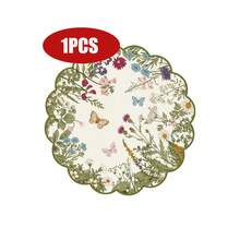 1 pieza/Set Mantel individual redondo de lino con estampado floral y de mariposas en verde, de 38cm, decoración de mesa de cocina y comedor de temporada, decoración del hogar de primavera, boda - Multicolor - Ver 12