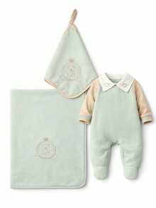 Maribaby Linens Saída Maternidade Bebê Menino Heitor 04 Peças Brasão Ursinho Bordado - Caqui - Visão 2