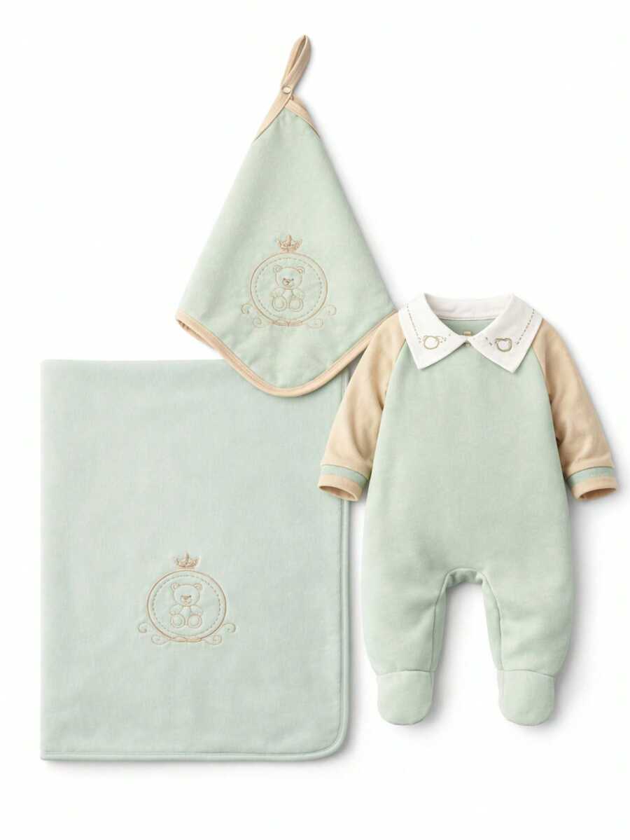 Maribaby Linens Saída Maternidade Bebê Menino Heitor 04 Peças Brasão Ursinho Bordado