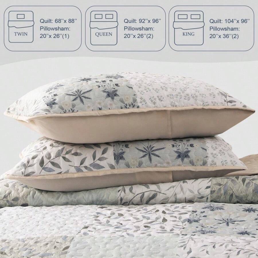 Reversible Boho Quilts King Size, Gray Bedspreads Lightweight Coverlet All Season Patchwork Quilt Bedding Set With Printed Floral Pattern 1 Quilt, 2 Pillow Shams - PatchworkLightgreyKi - View 1