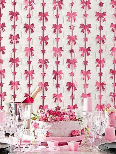 2 件装粉色蝴蝶结窗帘，蝴蝶结和星星图案，墙面装饰，尺寸 100x200 厘米，创意流苏蝴蝶结，蝴蝶结主题派对装饰窗帘，适用于婚礼新娘派对、生日派对、母亲节、单身派对、洗礼家庭聚会装饰、节日庆典背景