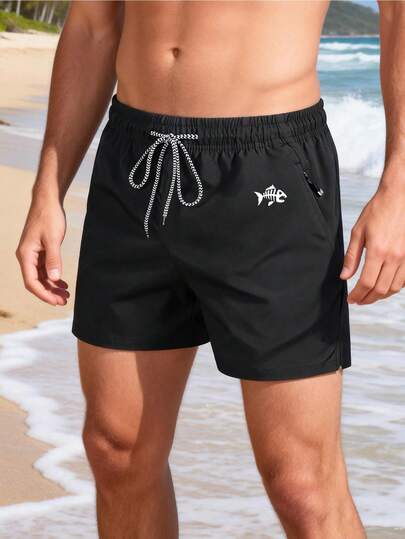 Men's Quick-Dry Beach Shorts, Solid Color Drawstring Printed Knee-Length Shorts, Suitable For Beach, Vacation, Outdoor, Running