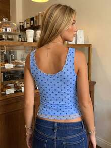 Women's Summer Crop Tank Tops Dot Print Sleeveless V-Neck Frill Slim Fit Vest For Party - 藍色 - 查看 9