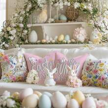 Bộ 4 vỏ gối hình thỏ Phục Sinh, họa tiết thỏ dễ thương và hoa, trang trí nhà mùa xuân, vỏ gối in một mặt bằng polyester, quà tặng trang trí Phục Sinh, thích hợp cho phòng ngủ, phòng khách, ghế sofa, giường, ghế, có khóa kéo, không bao gồm ruột gối. - Hồng - Xem 6