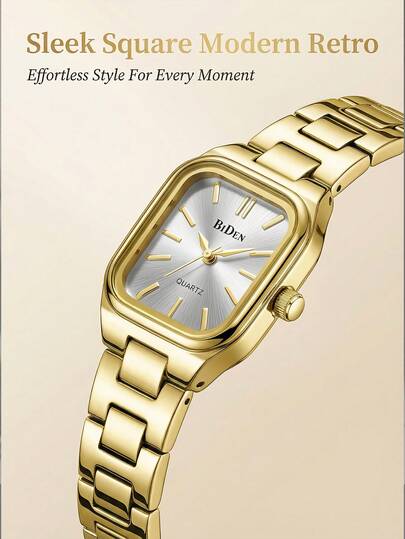 BIDEN 1pc Luxury Hight Quality Quartz Watch Fashion Square Bar Scale Dial Steel Strip Women's Watch Elegant And Casual Business+Box