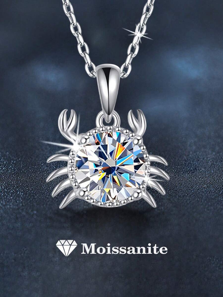 1pc Luxury 925 Sterling Silver 1 Carat 6.5mm Moissanite Crab Pendant Necklace, Suitable For Women's Daily Wear, Valentine's Day, Mother's Day, Wedding Anniversary, Birthday, New Year, Party, Engagement Anniversary Jewelry Gift - XL0177M - View 1
