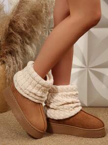 Warm Boots Shoes Snow Boots Ankle Boots Outdoor Short Knit Cuff Snow Boots Faux Furry Boot Upper Platform Sole Warm Lining Boots For Women - 棕色 - 查看 7