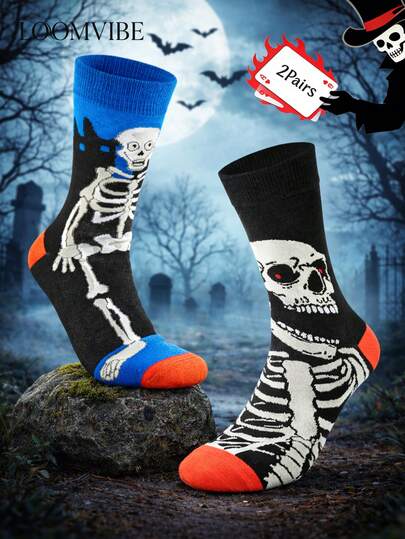 Meias unissex de cano médio com estampa gótica de caveira: 2 pares - Estampa completa de esqueleto/Cabeça de caveira grande | Absorventes de suor e resistentes a odores, macias e estilosas! Presente ideal para fãs de Halloween e punk - Perfeitas para festas temáticas e looks ousados.