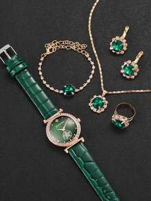 6件套绿色奢华石英表女式戒指项链耳环水钻时尚腕表休闲女士手链手表6件套 - 綠色 - 查看 2