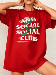 Women's Anti Social Club Graphic Print T Shirt Rose And Sad Face 100% Cotton Round Neck Tee Casual Style 1pcs They Are Excellent Gifts For Friends And Family - Đỏ - Xem 1