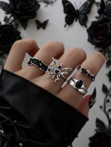 4pcs Vintage Black Y2K Enamel Rhinestone Butterfly & Star Rings Set, Open Finger Rings For Women, Sweet & Cool Style - Silver - View 6