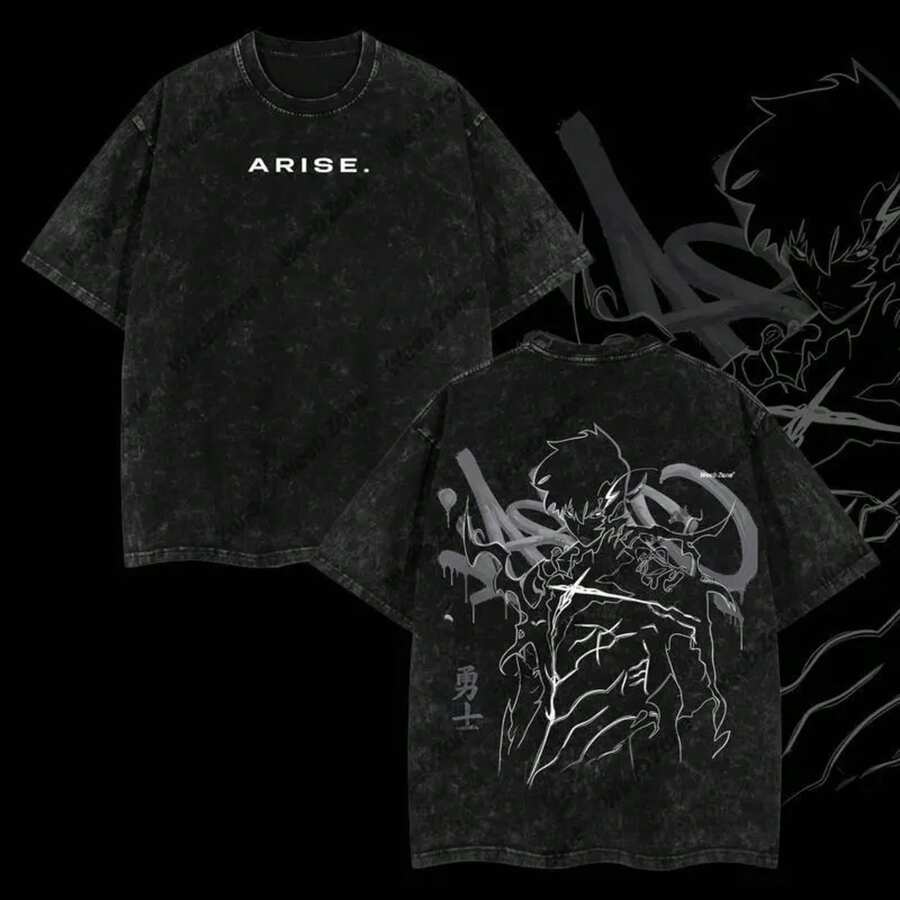 Super Value Hot  Washed T-Shirt Arise Sung Jin Woo - Solo Leveling Anime Double Printed Oversize Lightweight Acid Washed Graphic Tee, Gift For Anime Fans Suitable For Fans SD0081 - 黑色 - 查看 1