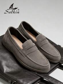 Salkin Classic Designer Men's Moccasin Shoes, Solid Suede Slip-On Penny Loafers, Men's Soft Leather Shoes, Gentleman Business Social Shoes, Men's Daily Office Party Wedding Formal Shoes, Couple Date, Romantic Dinner, Holiday Gift, Back To School Student Casual Shoes, College Style. Please Select One Size Up. - Grey - View 7