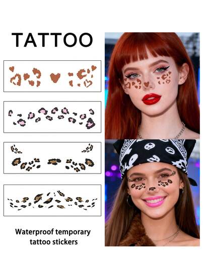 4Pcs Tattoo Music Festival Temporary Tattoo Y2K Leopard Print Glitter Waterproof Sweatproof Disposable For Women And Mem Face, Arm, Waist, Chest, Leg, Abdomen, Neck, Hand, Finger, Back For Dancing Party Stage Performance Modernist Body Art