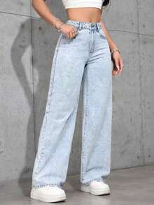 Teen Girl Casual Front Button Pocket Straight Leg Jeans, Daily Wear - Light Wash - View 4