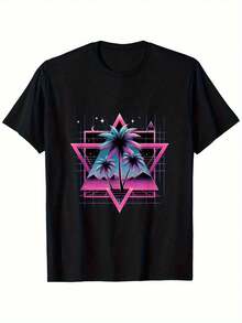 Retro 80 S And 90 S Steam Wave Pattern T-Shirt-Neon Palm Tree And Triangle Art Cyberpunk Design, Black With Pink And Blue Embellishment-Unisex Regular Version Of Retro T-Shirt, Hea - 黑色 - 查看 8