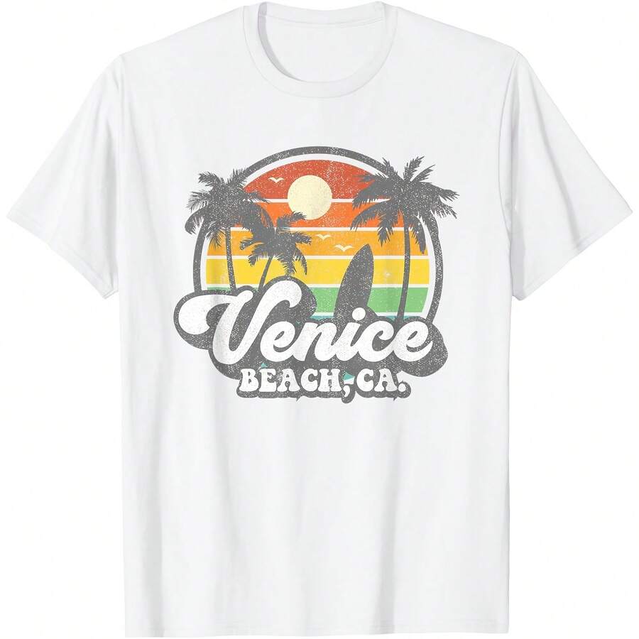 Vintage Venice Beach California CA Surfing Retro Surf Gift T-Shirt All Seasons,220g Pure Cotton Single-Sided Printed Crew Neck Short-Sleeved T-Shirt,Unisex Top,Base Layer - 顏色7 - 查看 1