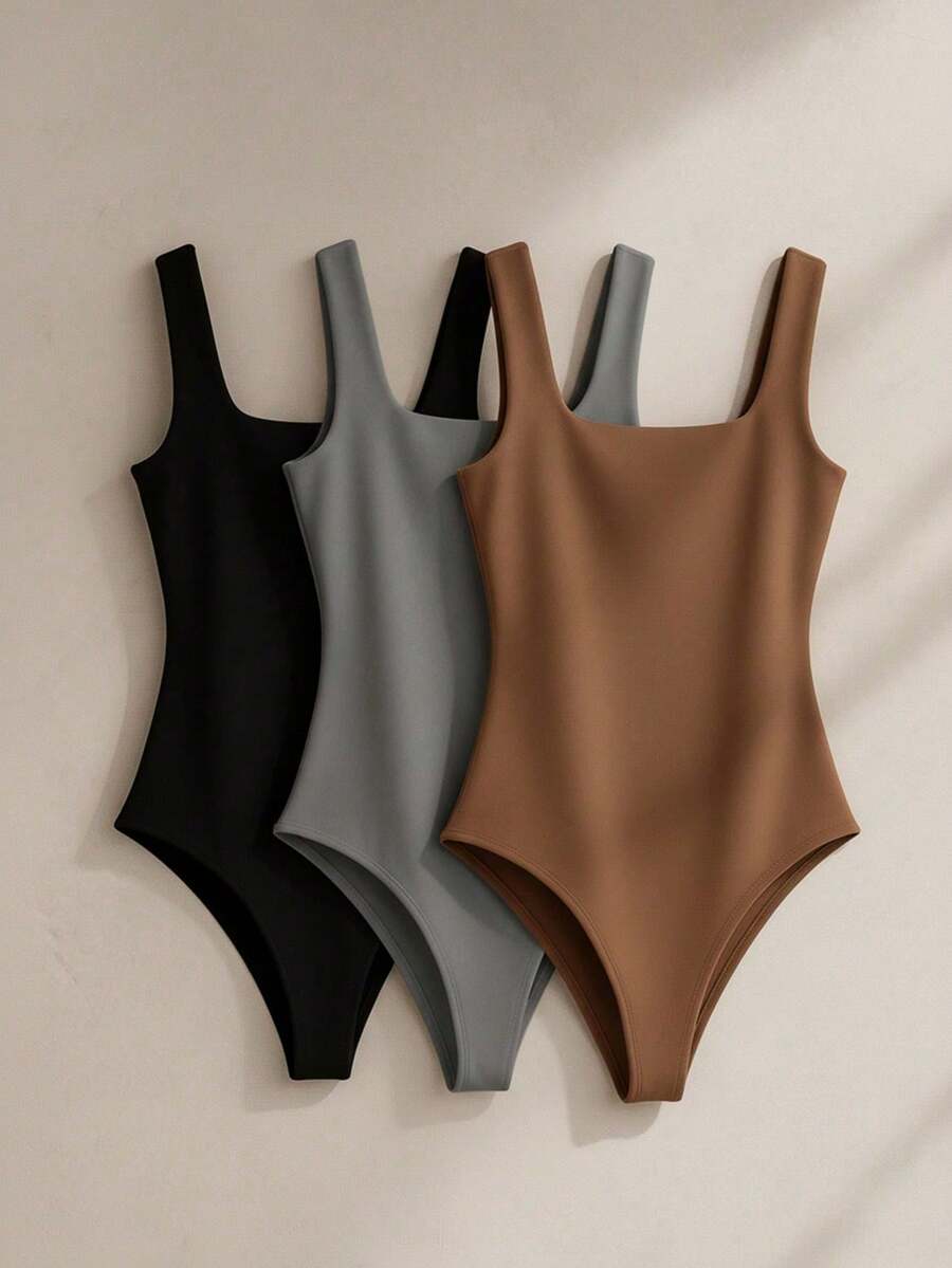 Set Of 3 Women's Bodysuits In Spandex With Low-Cut Detail - Basic And Comfortable Pieces For Work, Gym, Outings, Everyday Use, Christmas Gift, Birthday Gift - P/M/C - Xem 1