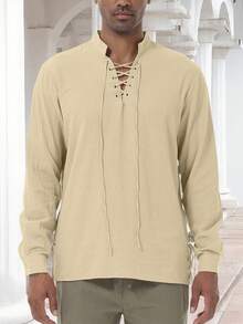 Medieval Inspired Drawstring Long Sleeve Shirt For Men, Viking Costume - Khaki - View 3