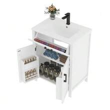 Freestanding Bathroom Vanity Unit 60 X 46 X 84.8 Cm With Integrated Sink, Lacquered Finish, Double-Door Shelves, Practical Drawers, Adjustable Shelves, Integrated Ceramic Sink, White - White - View 1