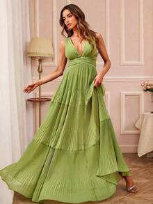 Elegant Sleeveless Deep V-Neck Chiffon Bridesmaid Maxi Dress, Pleated Layered Design, Backless Style - Green - View 5