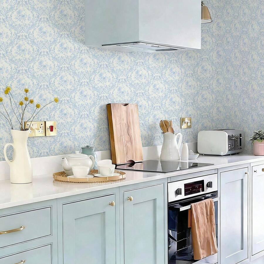 1 Roll European Floral Self-Adhesive Wallpaper, Featuring Vine And Rose Pattern Design, Elegant Blue Vinyl Peel And Stick Contact Paper, Waterproof Moisture-Proof Wall Protector, Plant Wall Mural, Removable Non-Sticky Wallpaper, Easy To Install, For Kitchen, Dining Room, Bedroom, Living Room, Furniture Renovation Decoration, Rental Home Decor, Straight Match, Seamless Splicing, 17.32x118.11/196.85/393.7 Inches - Rose - View 1