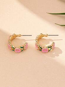 1 Pair Fashionable & Elegant Metal Enamel Flower Hoop Earrings, Suitable For Teenage Girls Daily Wear - Multicolor - View 5